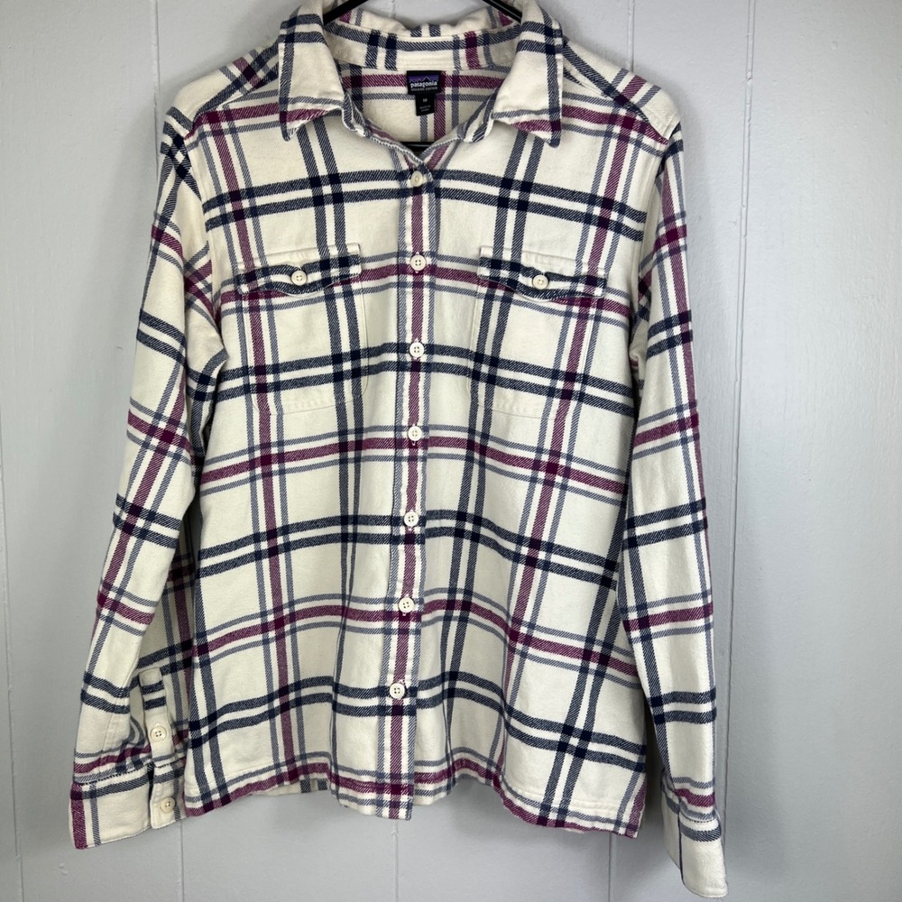 Patagonia Cream Plaid Button-Down Shirt with Navy and Maroon Stripes